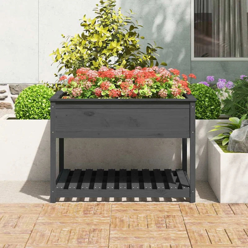 Jardinera Con Estante Madera Maciza Pino Gris 111,5x111,5x81 Cm
