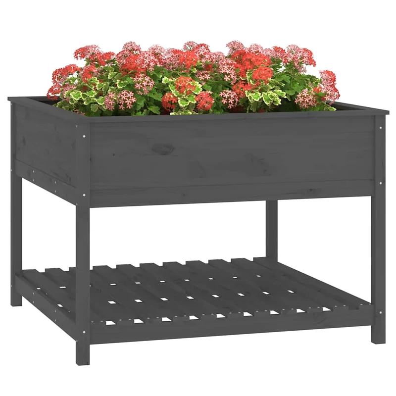 Jardinera Con Estante Madera Maciza Pino Gris 111,5x111,5x81 Cm