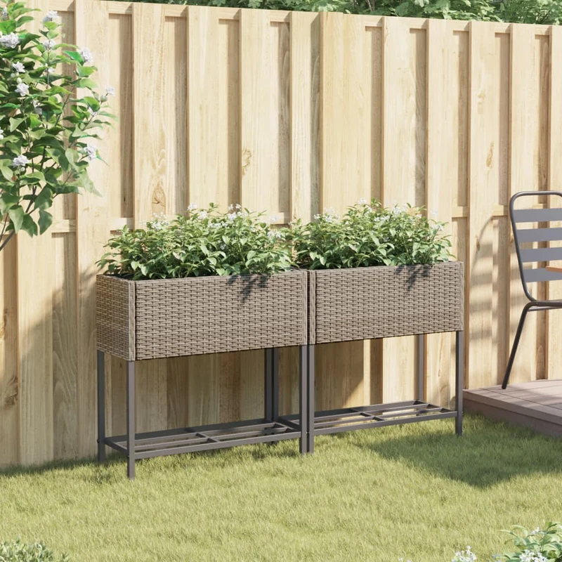 Jardineras Con Estante 2 Uds Ratán Sintético Gris 70x28x70 Cm