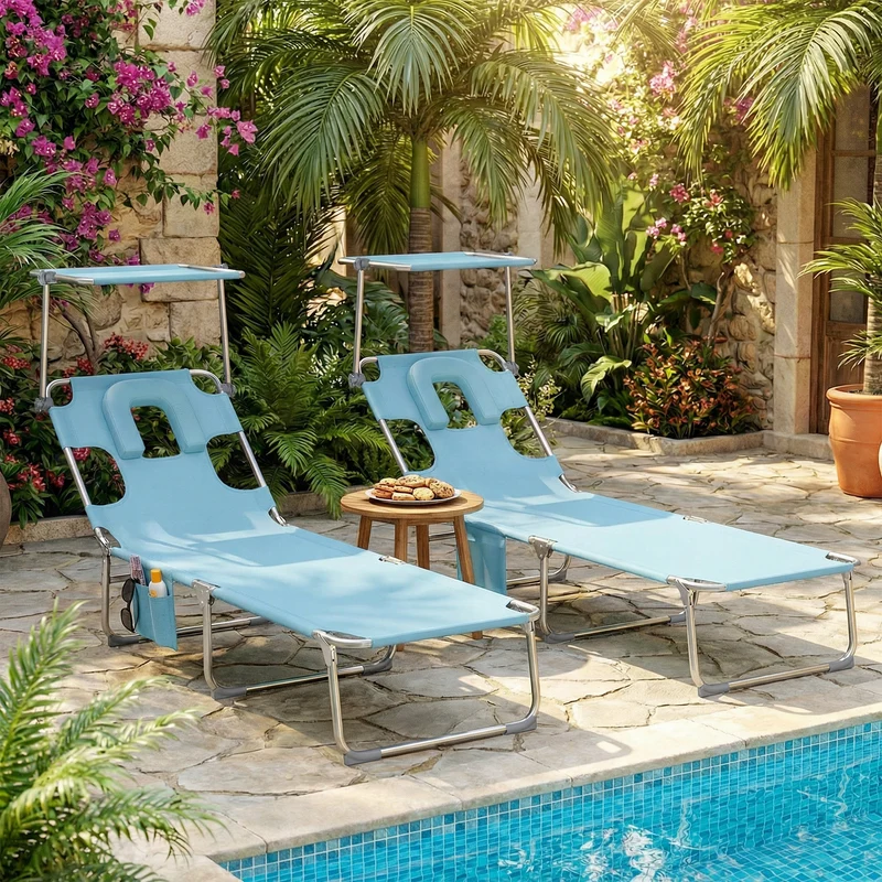 Outsunny Set De 2 Tumbonas Plegables Reclinables Con Dosel 360° Orificio Facial
