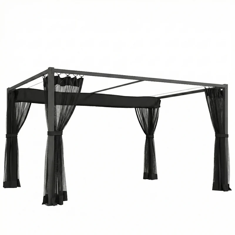 Outsunny Pérgola De Jardín 3x4 M Con Techo Retráctil Y 4 Laterales De Malla Gris