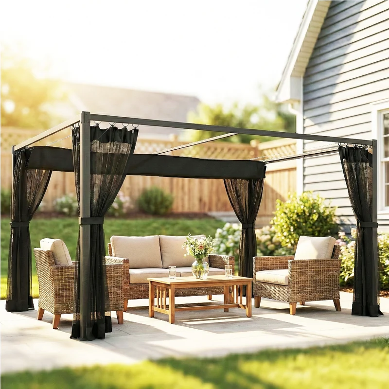 Outsunny Pérgola De Jardín 3x4 M Con Techo Retráctil Y 4 Laterales De Malla Gris
