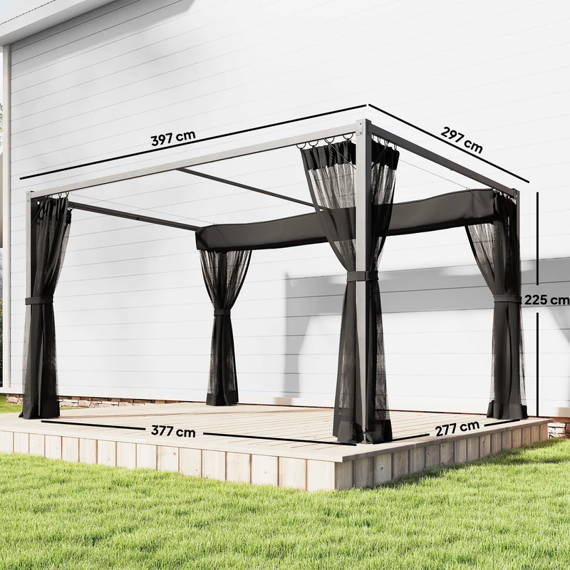 Outsunny Pérgola De Jardín 3x4 M Con Techo Retráctil Y 4 Laterales De Malla Gris