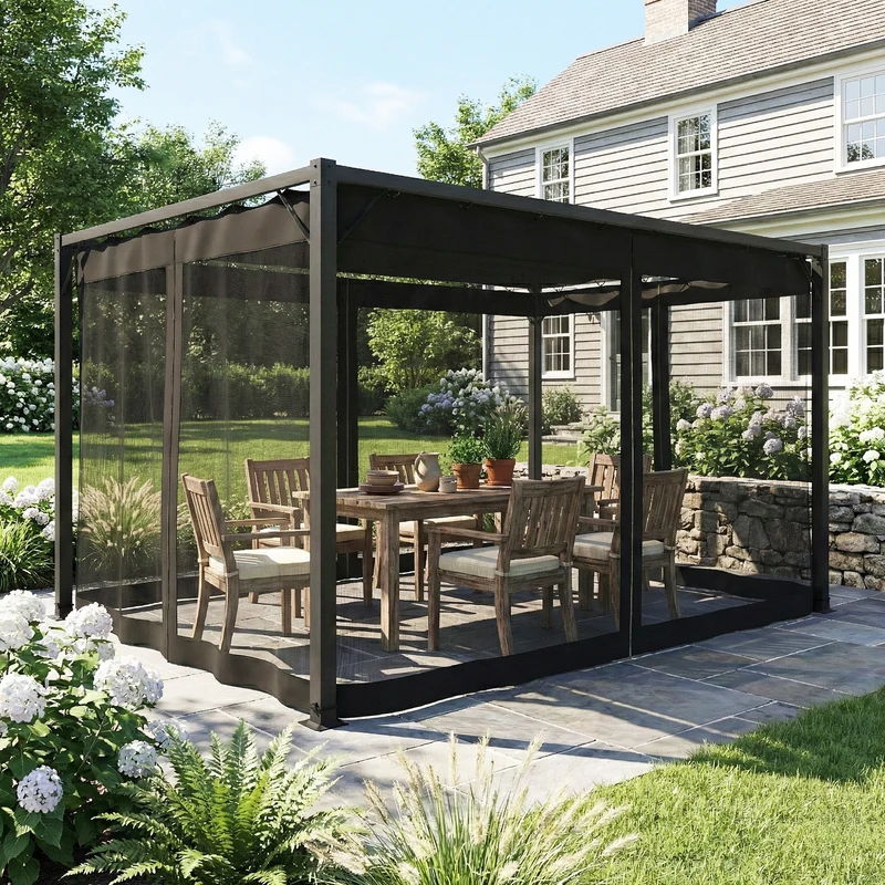 Outsunny Pérgola De Jardín 3x4 M Con Techo Retráctil Y 4 Laterales De Malla Gris