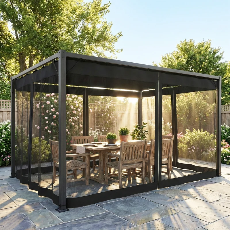Outsunny Pérgola De Jardín 3x4 M Con Techo Retráctil Y 4 Laterales De Malla Gris