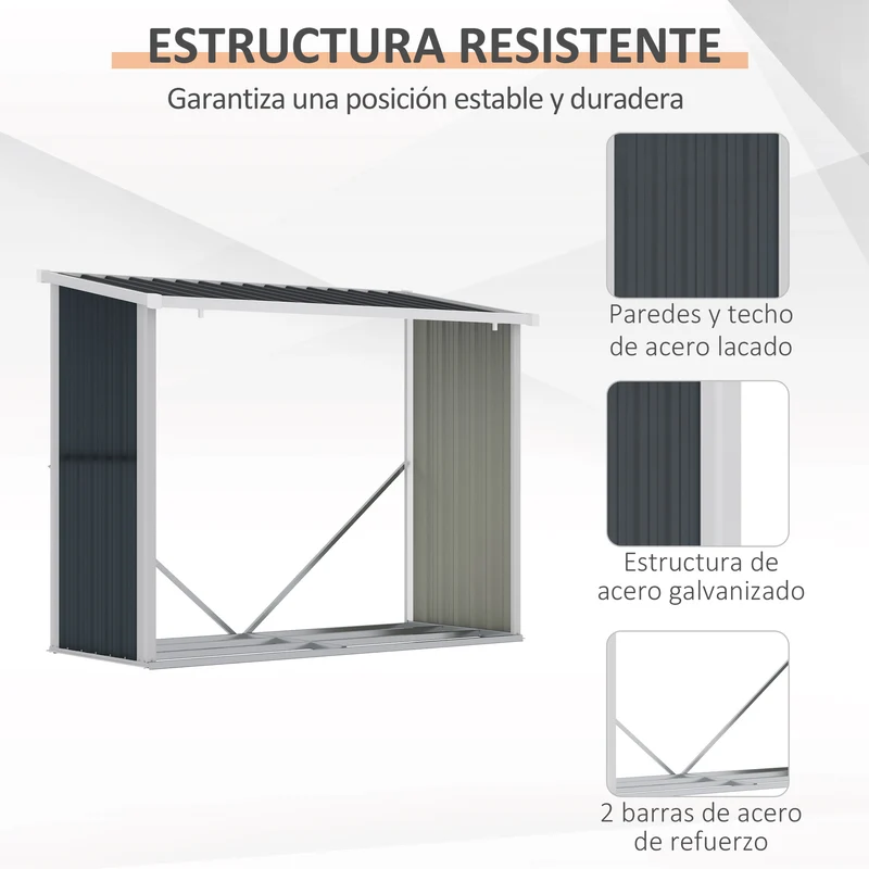 Outsunny Casetilla Para Leña De Jardín Acero Galvanizado 185x84x133,5/148,5 Cm