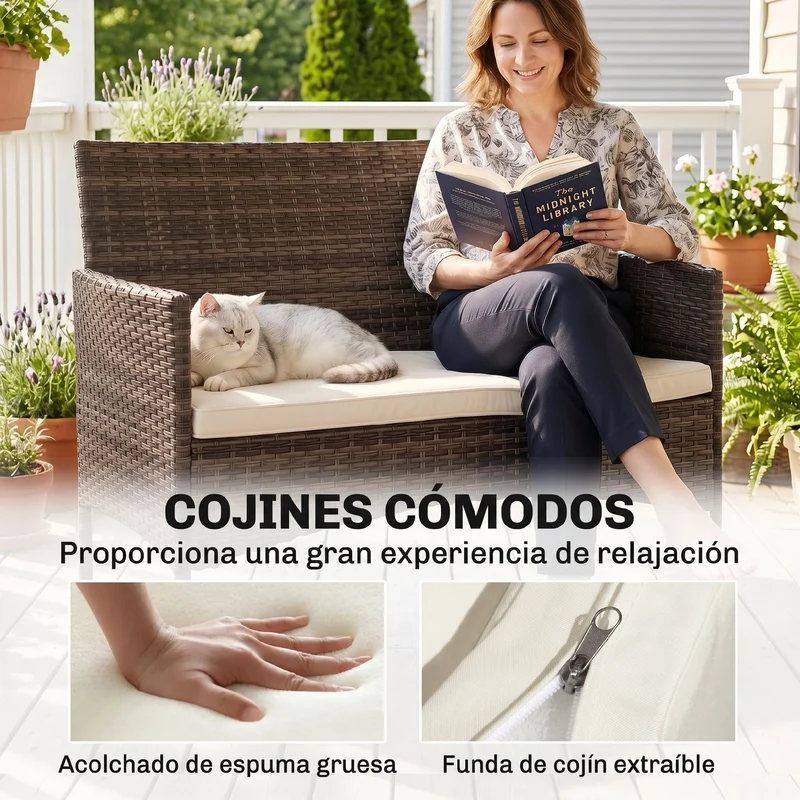 Outsunny Sofá Exterior De Ratán De 2 Plazas Con Cojín Lavable Caqui