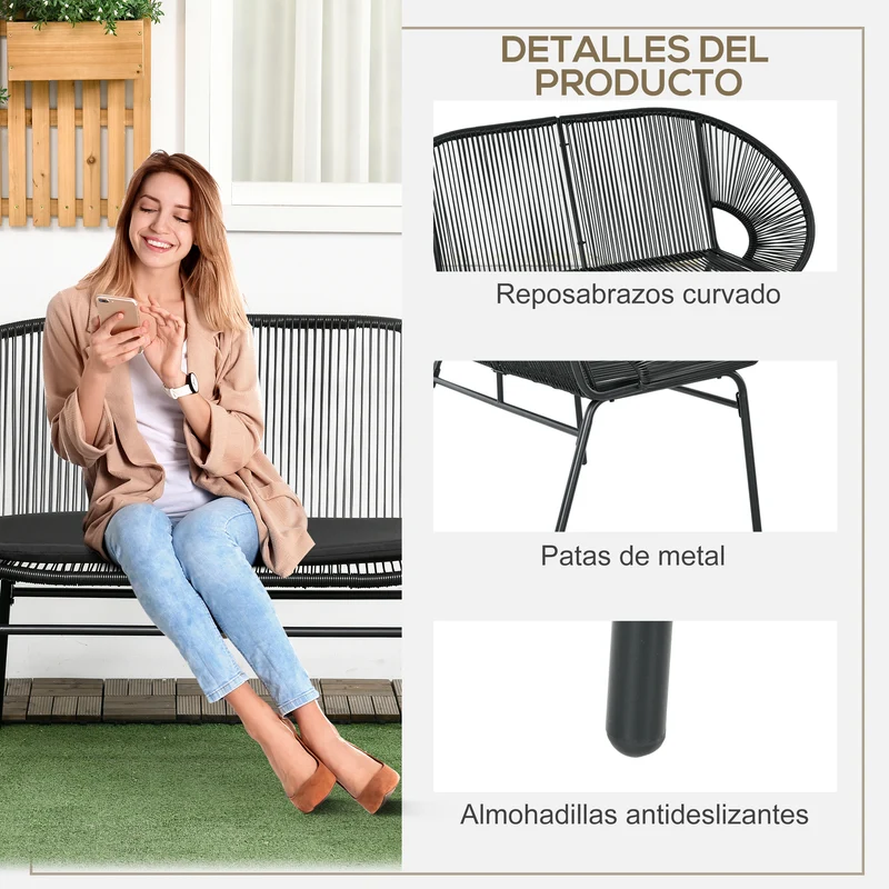 Outsunny Silla Acapulco De 2 Plazas Con Reposabrazos Cojines 132x72x83 Cm Negro