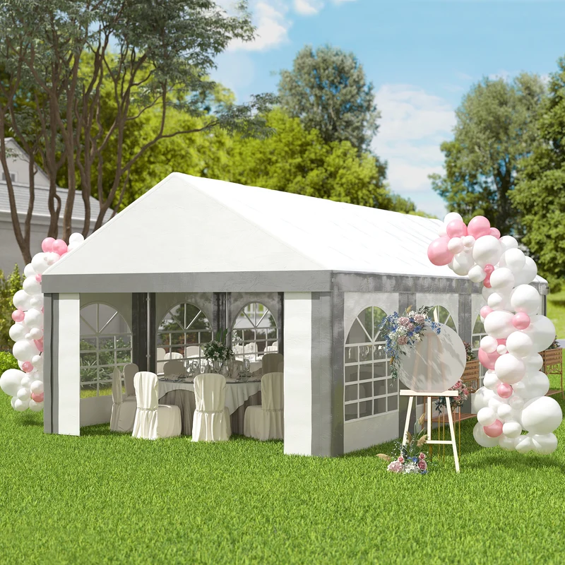 Outsunny Carpa Para Fiesta 4x8 M Con Paredes Extraíbles Puertas Y Ventanas Gris