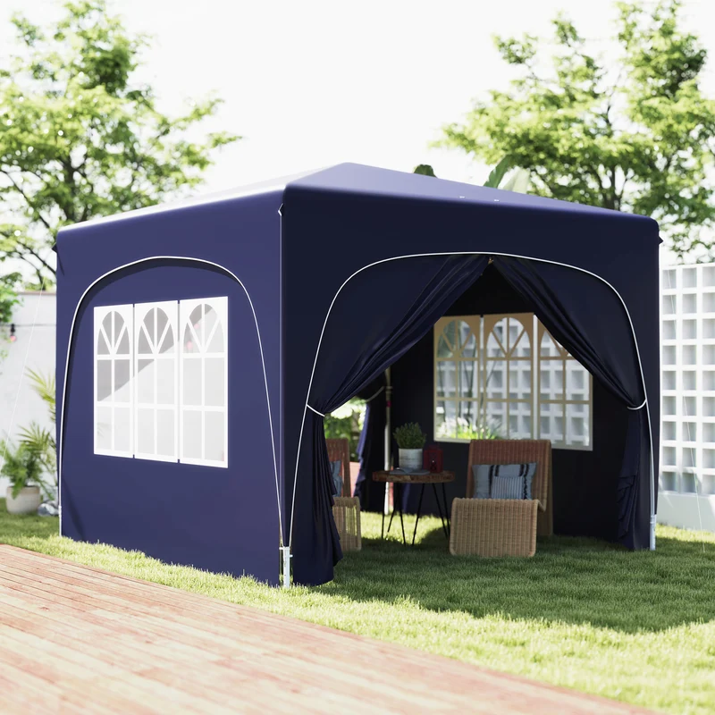 Outsunny Carpa Plegable Gazabo 3x3 M Con Paneles Laterales Upf50+ Azul Oscuro