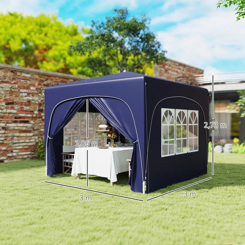 Outsunny Carpa Plegable Gazabo 3x3 M Con Paneles Laterales Upf50+ Azul Oscuro