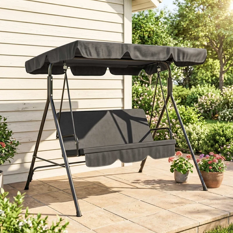 Outsunny Columpio De Jardín De 3 Plazas Con Techo Ajustable 172x110x153cm Negro
