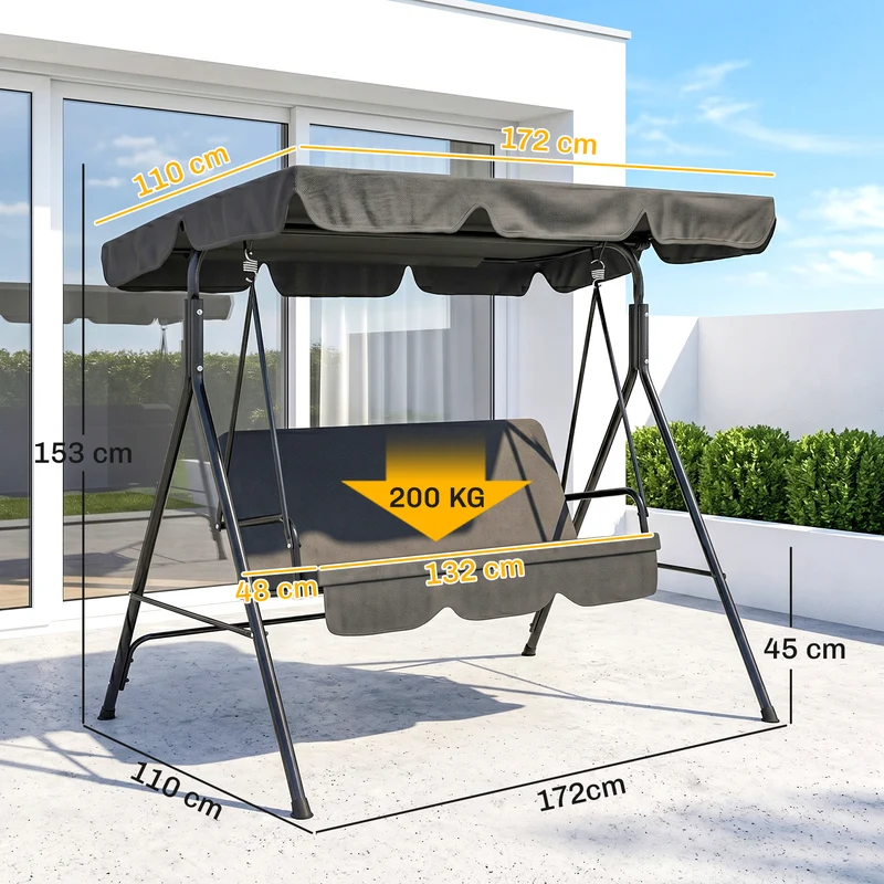 Outsunny Columpio De Jardín De 3 Plazas Con Techo Ajustable 172x110x153cm Negro