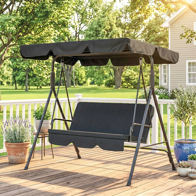 Outsunny Columpio De Jardín De 3 Plazas Con Techo Ajustable 172x110x153cm Negro