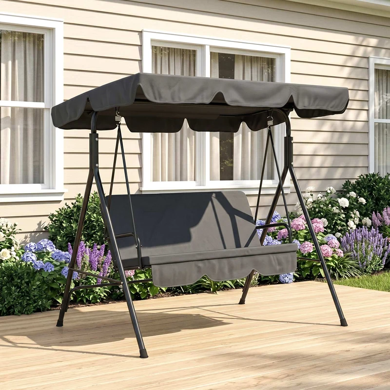 Outsunny Columpio De Jardín De 3 Plazas Con Techo Ajustable 172x110x153cm Negro