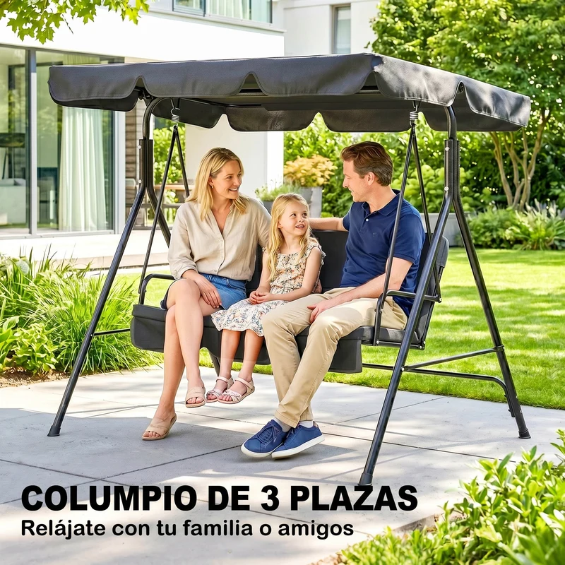 Outsunny Columpio De Jardín De 3 Plazas Con Techo Ajustable 172x110x153cm Negro