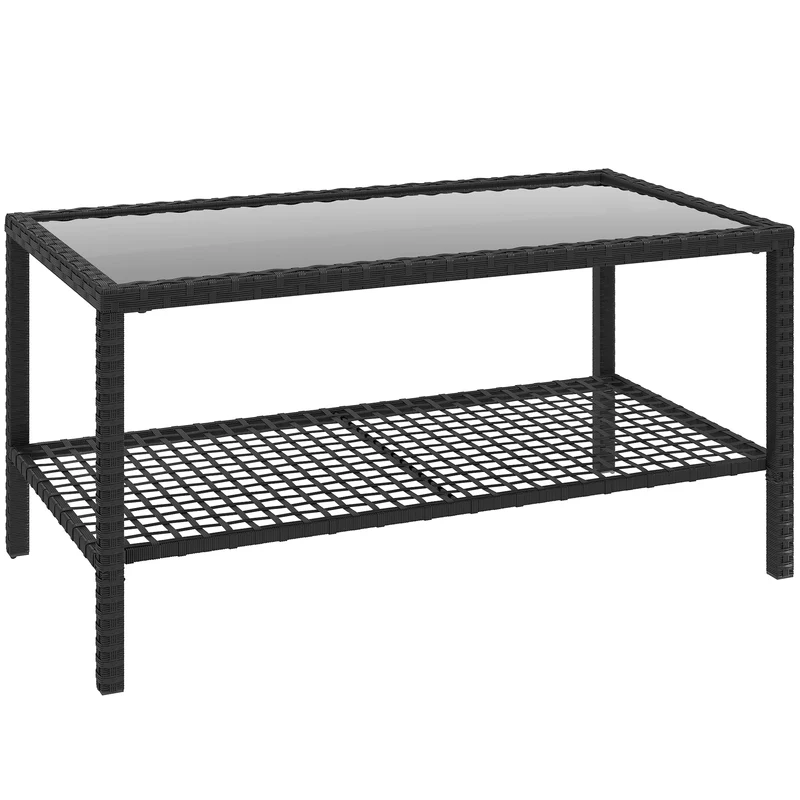 Outsunny Mesa De Jardín De Ratán Con Estante Tablero De Vidrio Templado Negro