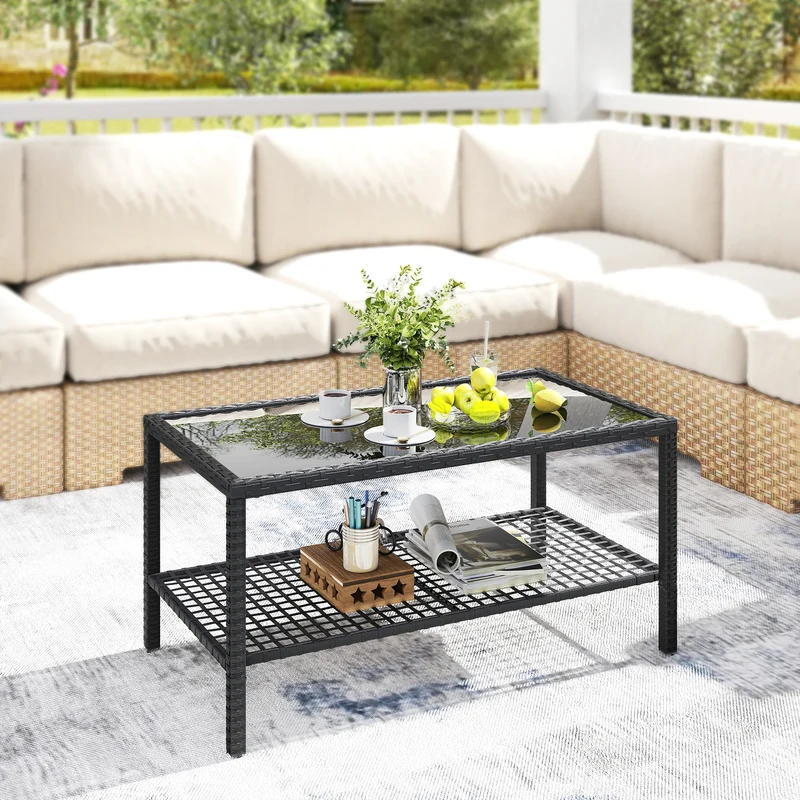 Outsunny Mesa De Jardín De Ratán Con Estante Tablero De Vidrio Templado Negro