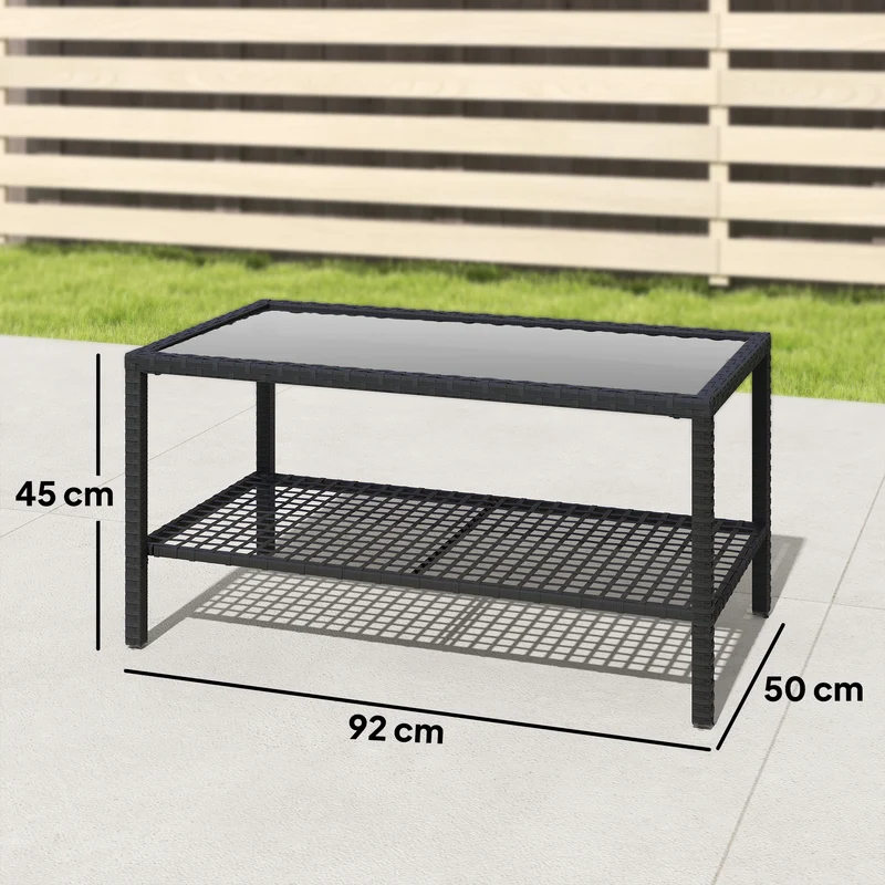 Outsunny Mesa De Jardín De Ratán Con Estante Tablero De Vidrio Templado Negro