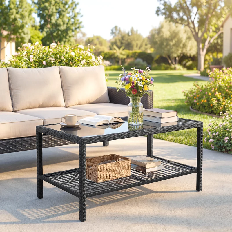 Outsunny Mesa De Jardín De Ratán Con Estante Tablero De Vidrio Templado Negro