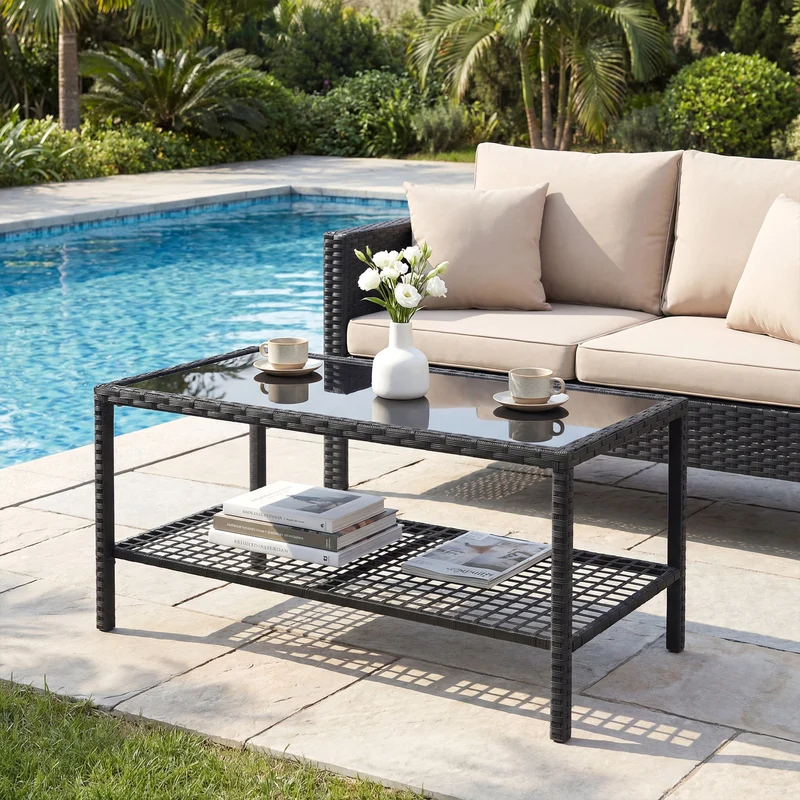 Outsunny Mesa De Jardín De Ratán Con Estante Tablero De Vidrio Templado Negro