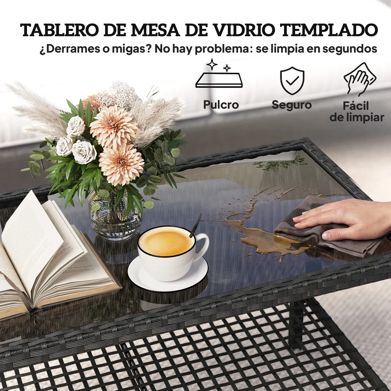 Outsunny Mesa De Jardín De Ratán Con Estante Tablero De Vidrio Templado Negro