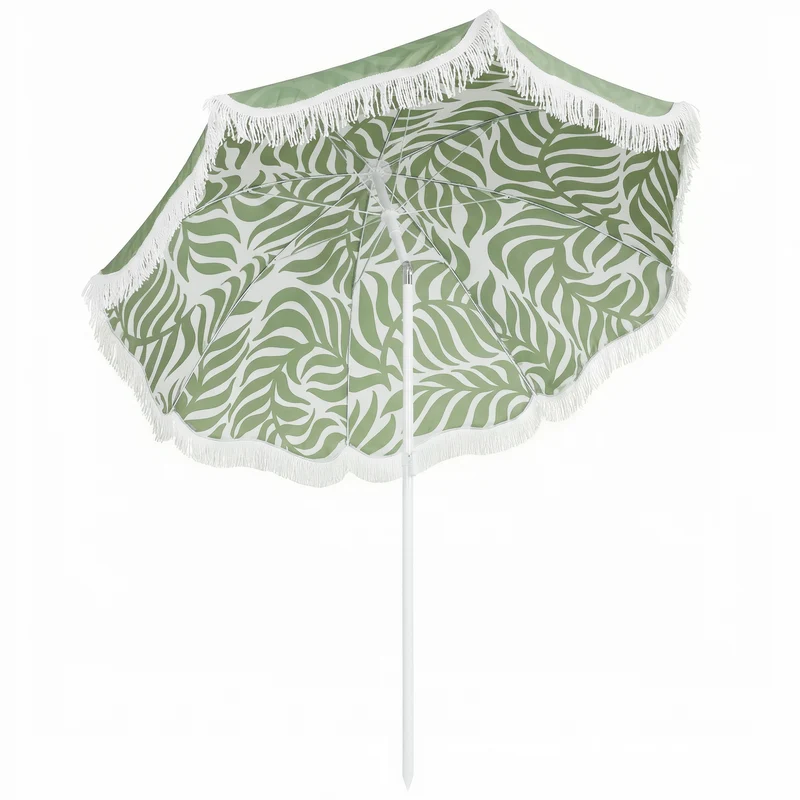 Outsunny Sombrilla De Playa Con Flecos Ø180cm Altura Ajustable Inclinación Verde