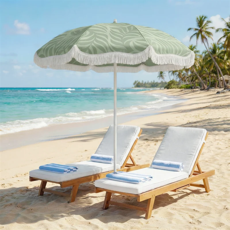 Outsunny Sombrilla De Playa Con Flecos Ø180cm Altura Ajustable Inclinación Verde