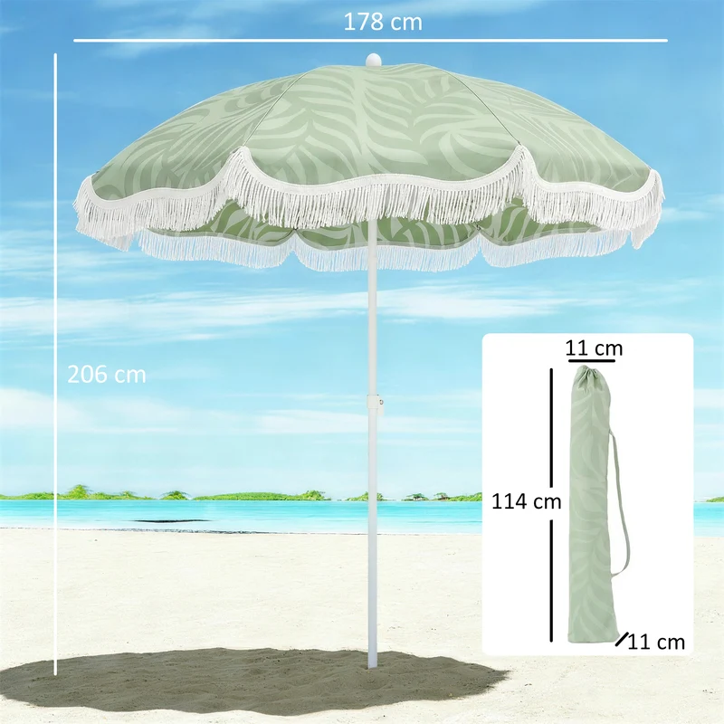 Outsunny Sombrilla De Playa Con Flecos Ø180cm Altura Ajustable Inclinación Verde