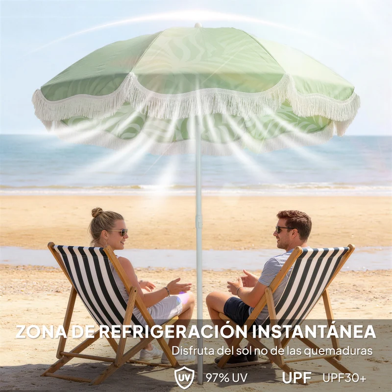 Outsunny Sombrilla De Playa Con Flecos Ø180cm Altura Ajustable Inclinación Verde
