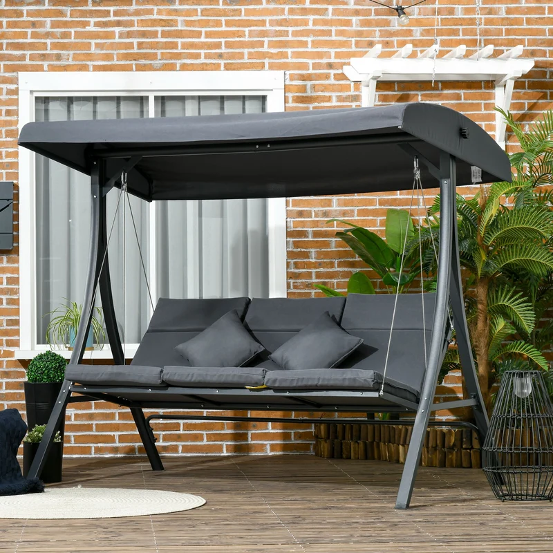 Outsunny Columpio De Jardín De 3 Plazas Con Techo Ajustable 202x115x168 Cm Gris