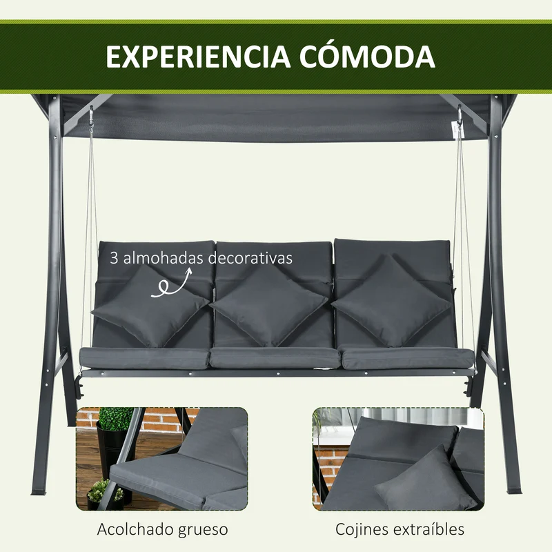 Outsunny Columpio De Jardín De 3 Plazas Con Techo Ajustable 202x115x168 Cm Gris