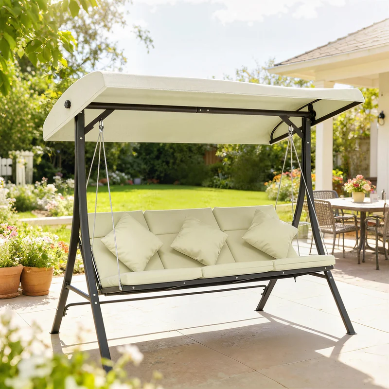 Outsunny Columpio De Jardín De 3 Plazas Con Techo Ajustable 202x115x168 Cm Beige