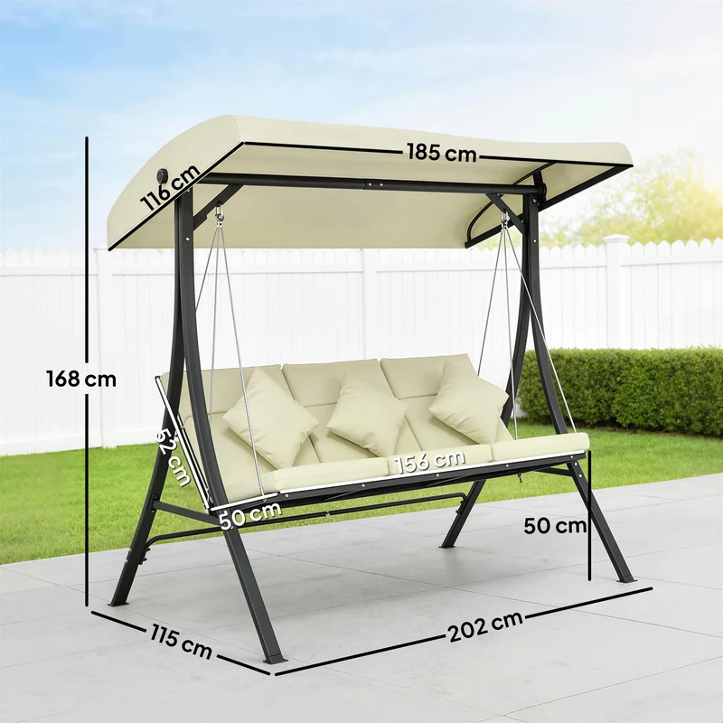 Outsunny Columpio De Jardín De 3 Plazas Con Techo Ajustable 202x115x168 Cm Beige