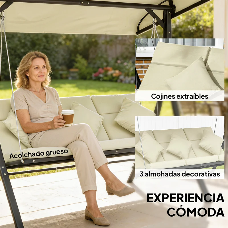 Outsunny Columpio De Jardín De 3 Plazas Con Techo Ajustable 202x115x168 Cm Beige