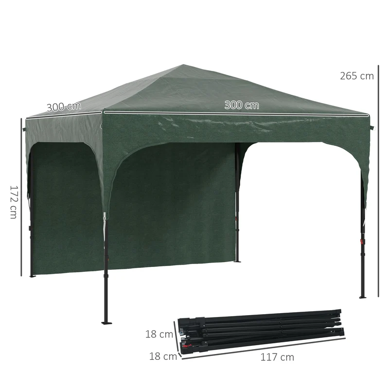 Outsunny Carpa Plegable 3x3 M Altura Ajustable 1 Pared Lateral Verde
