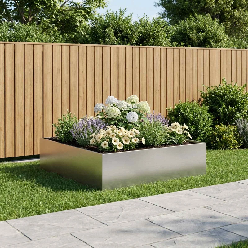 Macetero De Jardín Plateado 80 X 80 X 30 Cm Acero Inoxidable