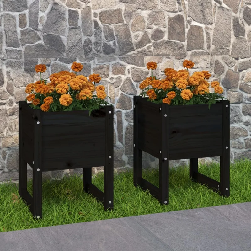 Jardinera 2 Unidades Madera Maciza De Pino Negro 40x40x52,5 Cm