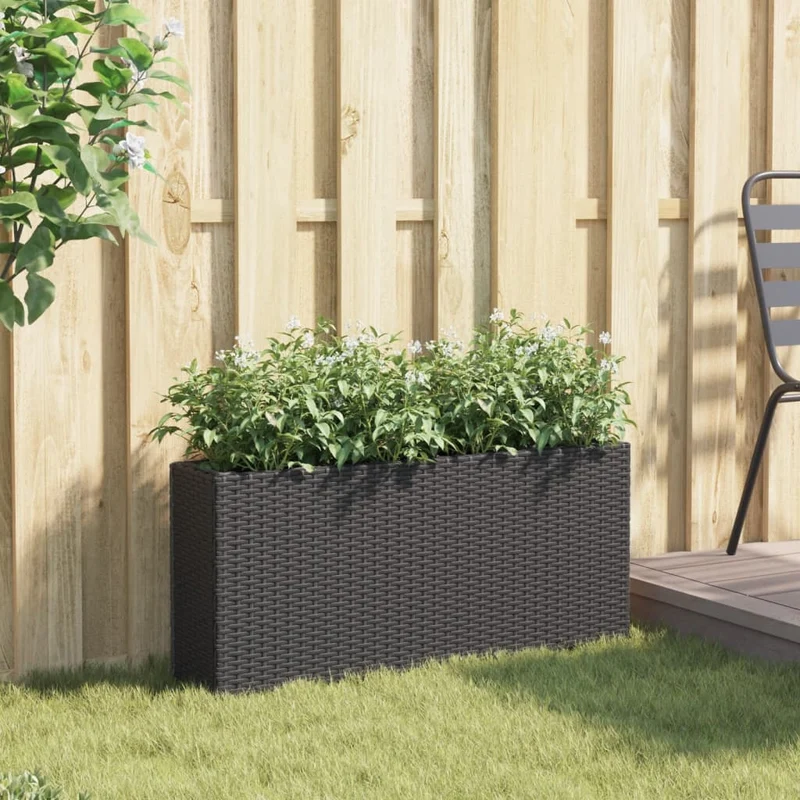Jardinera Con 2 Maceteros De Ratán Sintético Negra 90x20x40 Cm