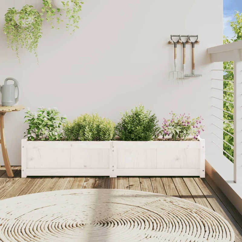 Jardinera De Madera Maciza De Pino Blanca 150x31x31 Cm