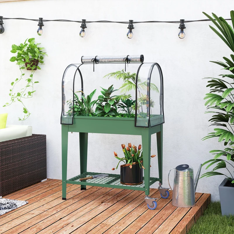 Outsunny Huerto Urbano Elevado Con Ruedas Y Cubierta 80x40x120 Cm Verde