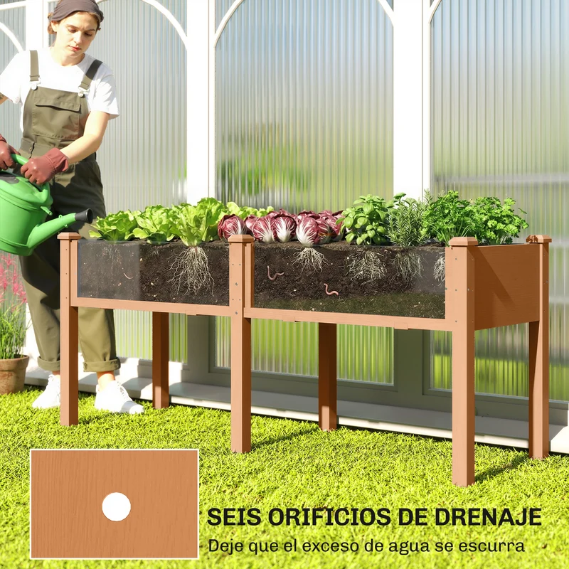 Outsunny Huerto Urbano Elevado De Madera Con 6 Orificios De Drenaje Marrón