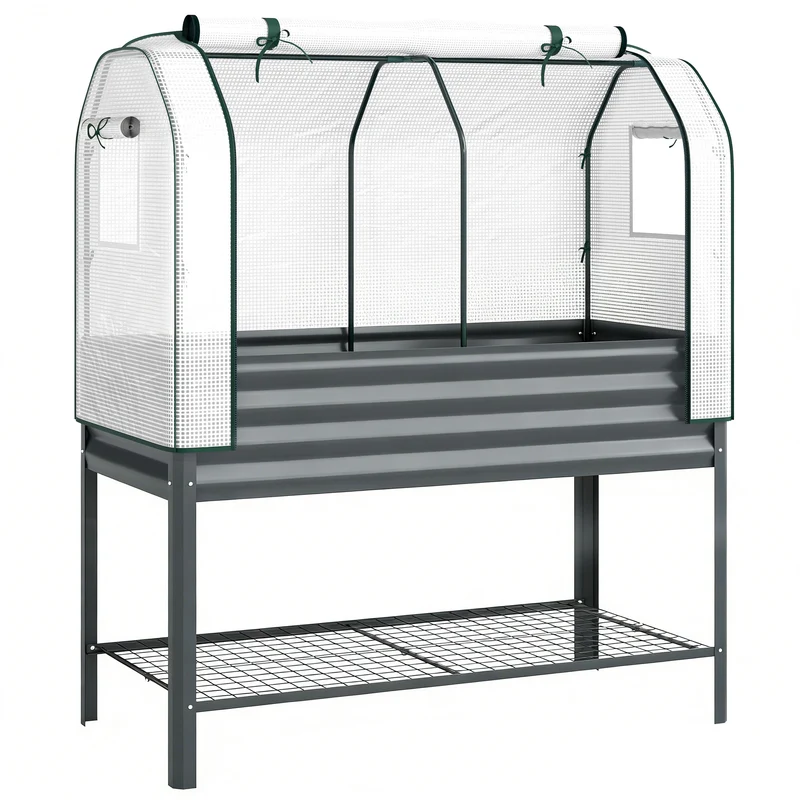 Outsunny Huerto Urbano Elevado Con Estante Y Cubierta 120x55x140 Cm Gris Oscuro