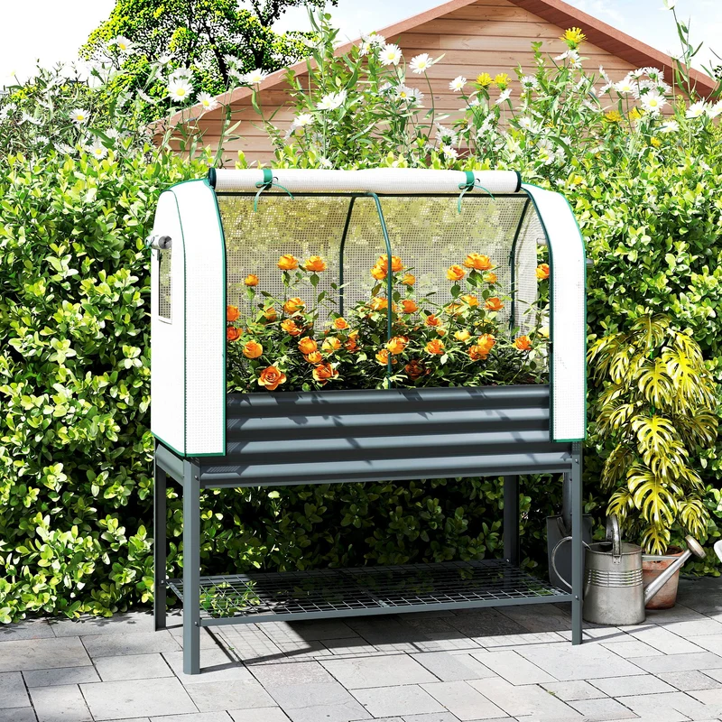 Outsunny Huerto Urbano Elevado Con Estante Y Cubierta 120x55x140 Cm Gris Oscuro