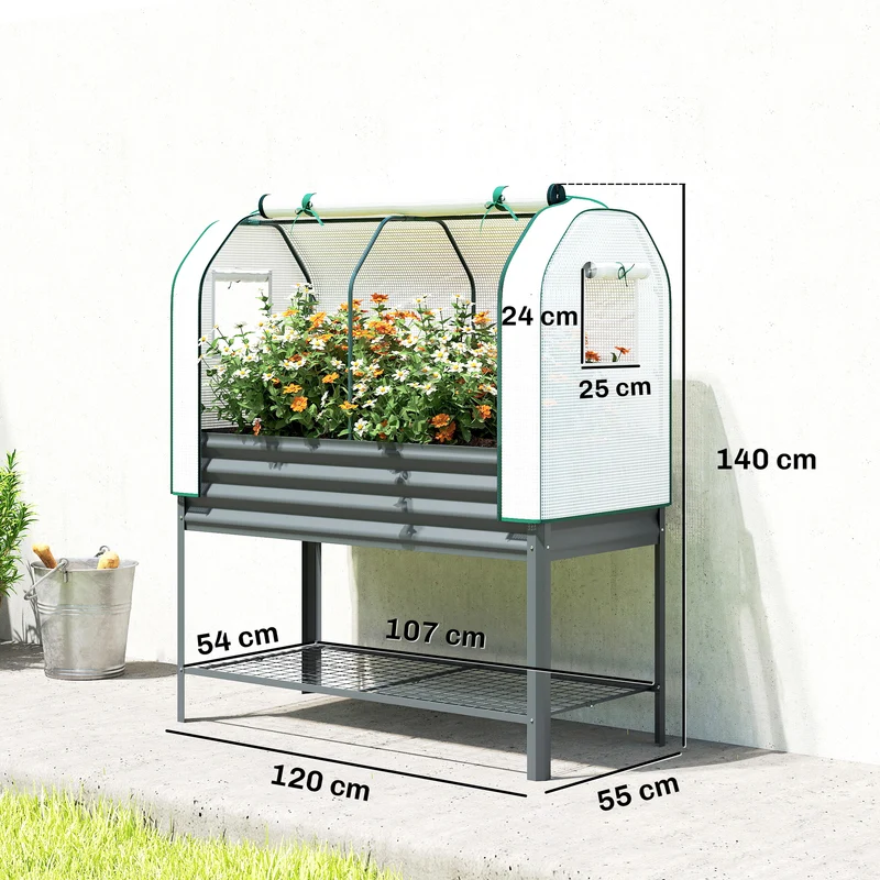 Outsunny Huerto Urbano Elevado Con Estante Y Cubierta 120x55x140 Cm Gris Oscuro