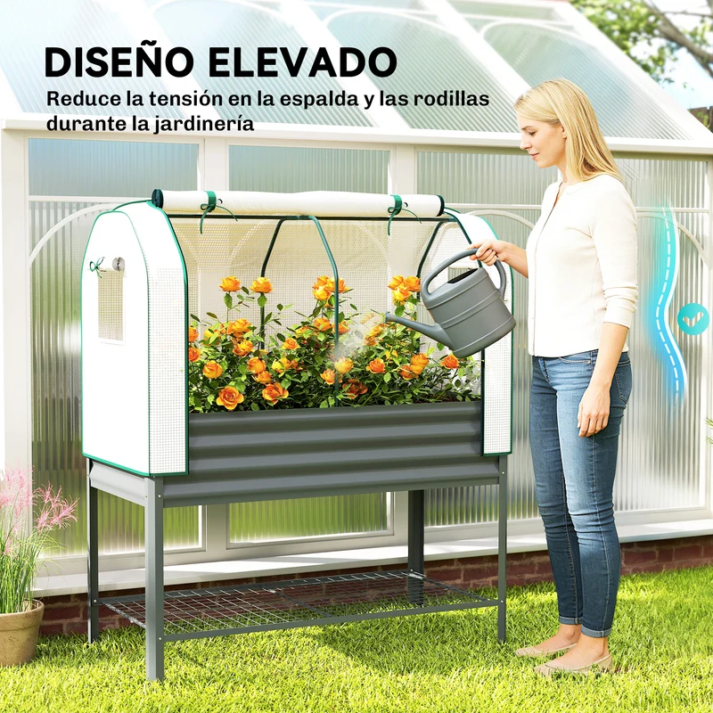 Outsunny Huerto Urbano Elevado Con Estante Y Cubierta 120x55x140 Cm Gris Oscuro