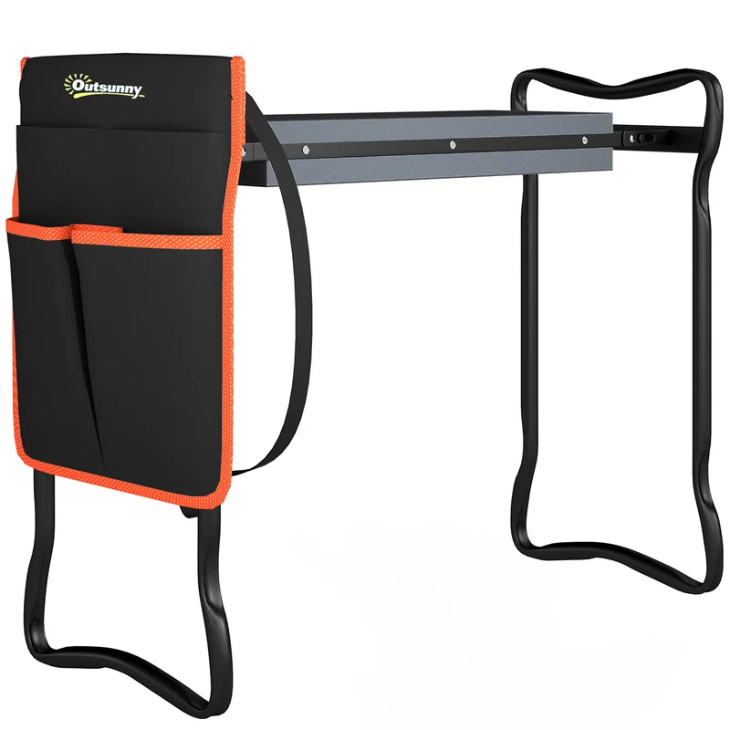 Outsunny Taburete De Jardín Plegable Con Bolsa De Herramientas Carga 150kg Negro