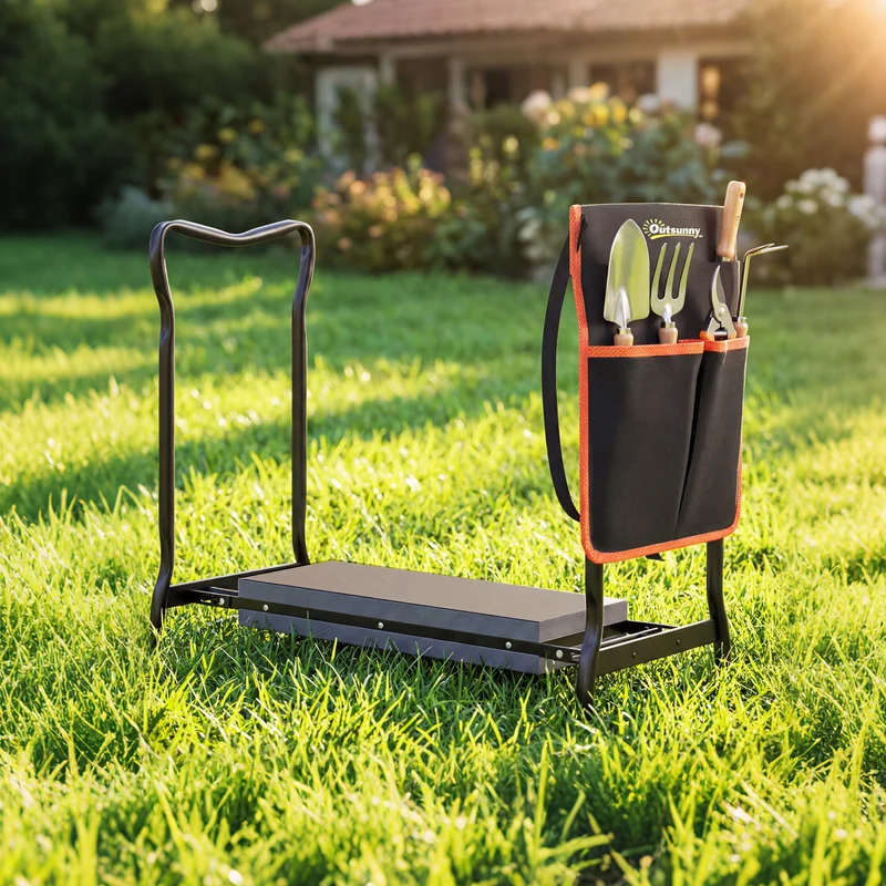 Outsunny Taburete De Jardín Plegable Con Bolsa De Herramientas Carga 150kg Negro