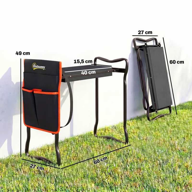 Outsunny Taburete De Jardín Plegable Con Bolsa De Herramientas Carga 150kg Negro