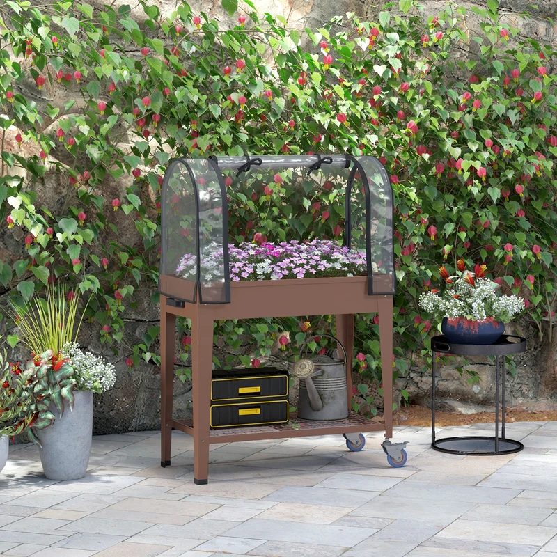 Outsunny Mesa De Cultivo Con Ruedas 80x40x120 Cm Con Cubierta Marrón